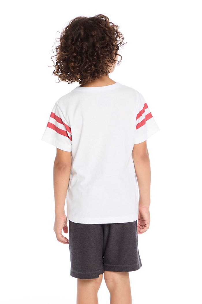 Back view of the Chaser Kids Racing Symbols Tee in white displaying the plain back with visible red sleeve stripes