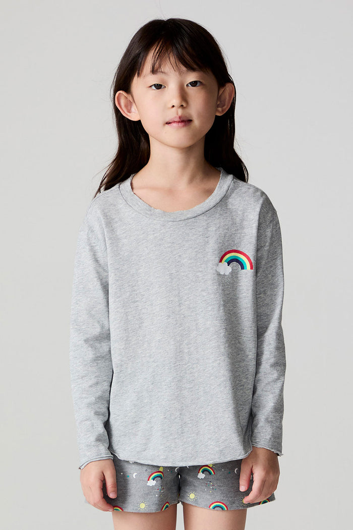 Front view of a girl wearing the Chaser Rainbow Morning Long Sleeve on a neutral background