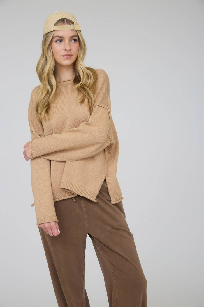 RAW EDGE EXTENDED SHOULDER LONG SLEEVE SWEATER