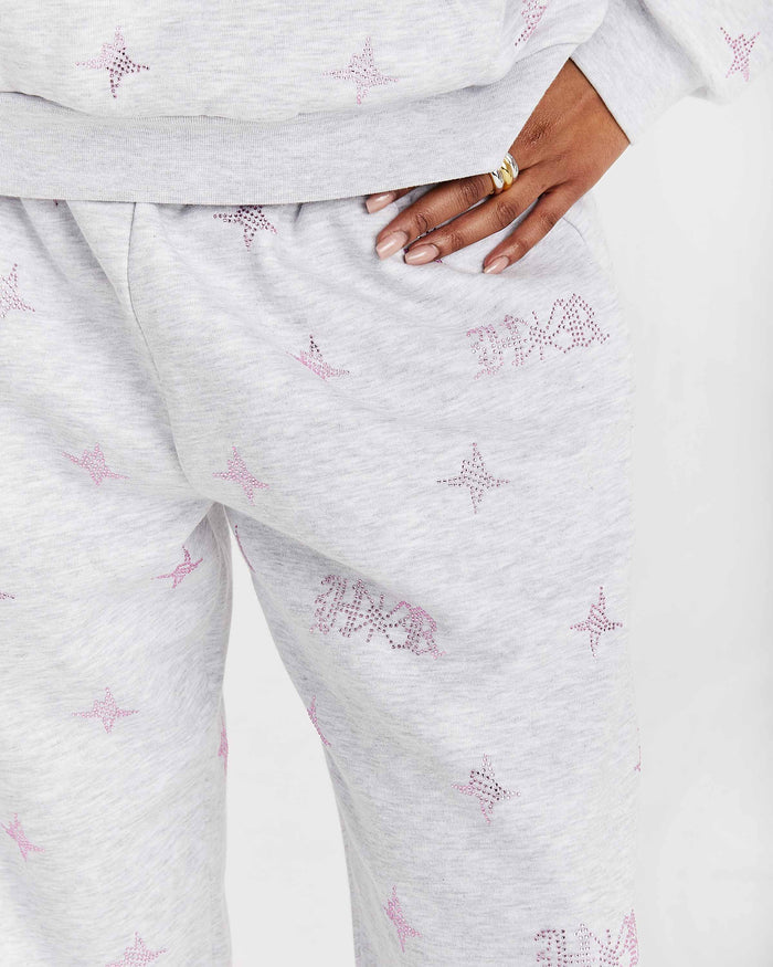 Razor Oversized Wide Leg Joggers - Light Grey/Rhinestone