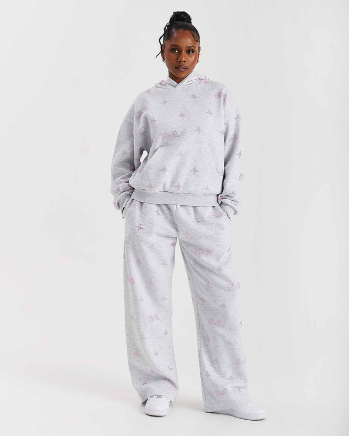 Razor Oversized Wide Leg Joggers - Light Grey/Rhinestone