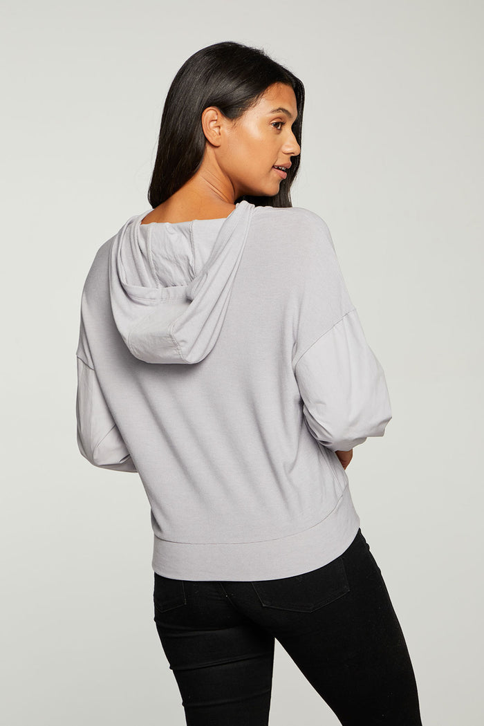 RPET Cozy Knit Mixed Poplin Blouson Sleeve Pullover WOMENS - chaserbrand