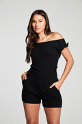 Recycled Cozy Rib Off The Shouder Ruffle Smocked Shorts Romper WOMENS chaserbrand
