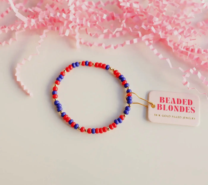Red and blue beaded blonde