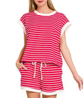 Red striped top and short set