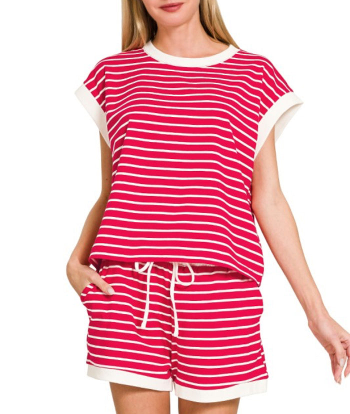 Red striped top and short set