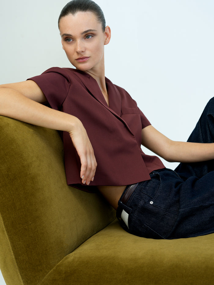 Rena Burgundy Tailored Cropped Blazer Top