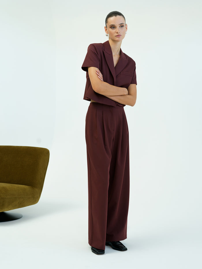 Rena Burgundy Tailored Cropped Blazer Top