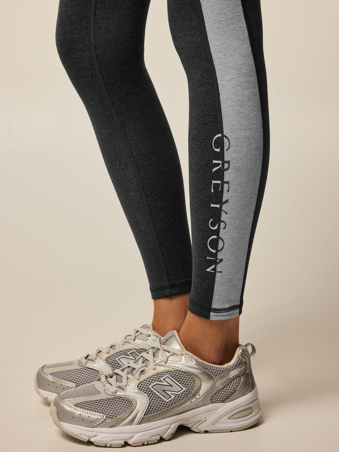 Rhinebeck Side Stripe Legging - Greyson Logo Close-Up on Contrast Stripe | Greyson Clothiers