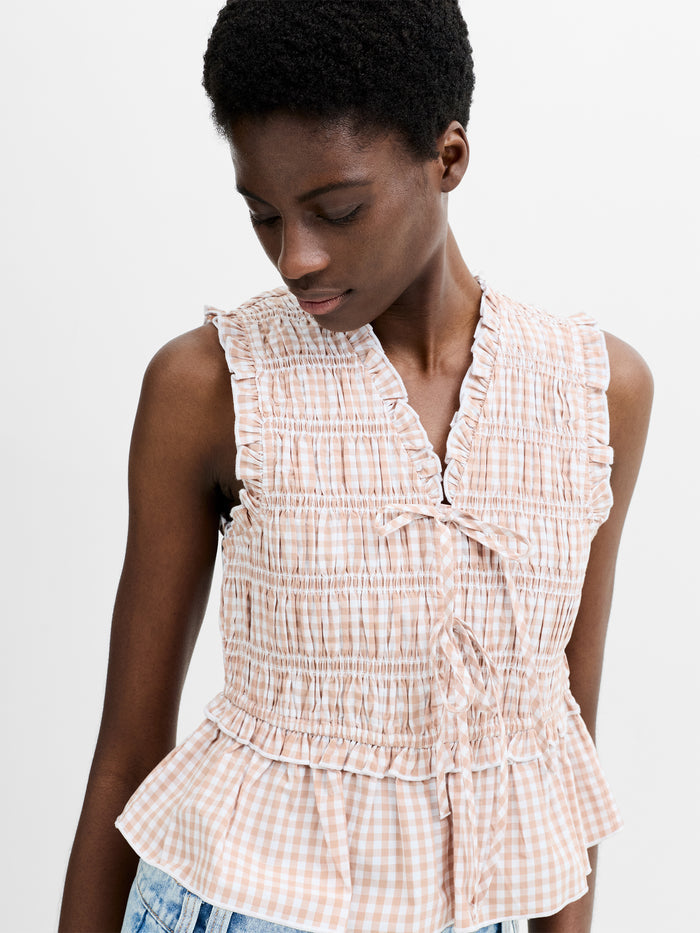 Rhodes Poplin Gingham Smocked Tie Up Peplum Top