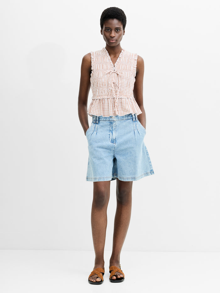 Rhodes Poplin Gingham Smocked Tie Up Peplum Top