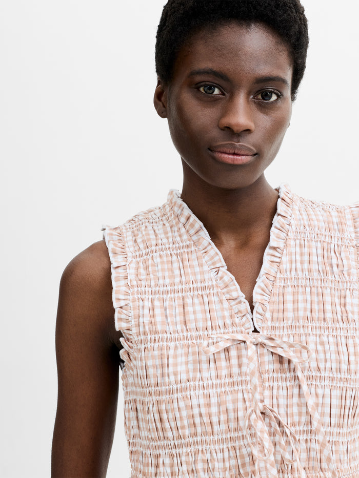 Rhodes Poplin Gingham Smocked Tie Up Peplum Top