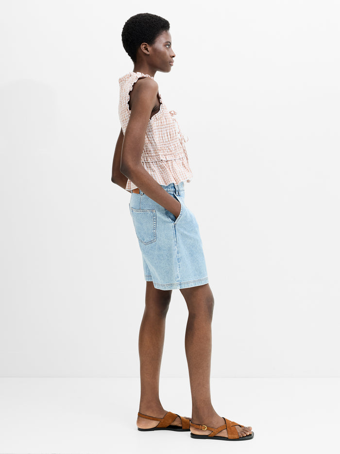 Rhodes Poplin Gingham Smocked Tie Up Peplum Top