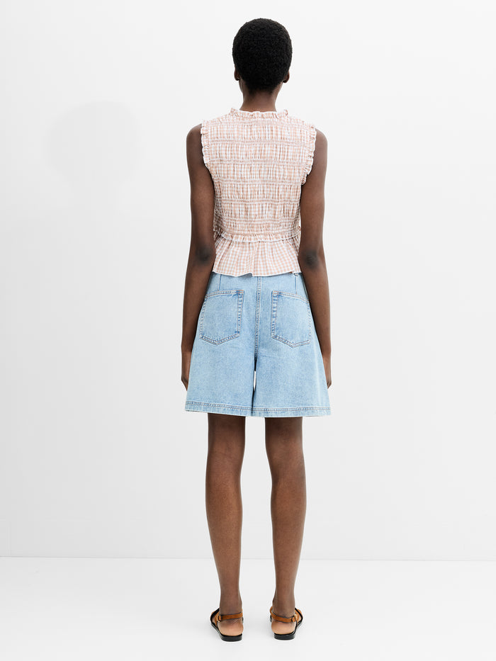 Rhodes Poplin Gingham Smocked Tie Up Peplum Top