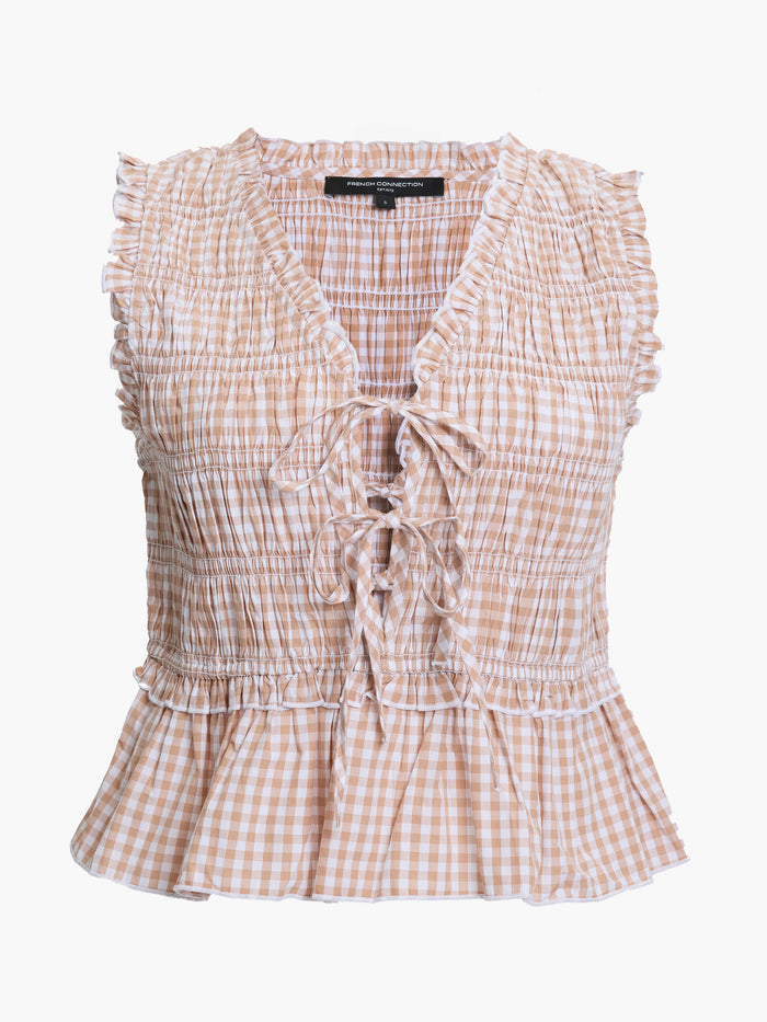 Rhodes Poplin Gingham Smocked Tie Up Peplum Top