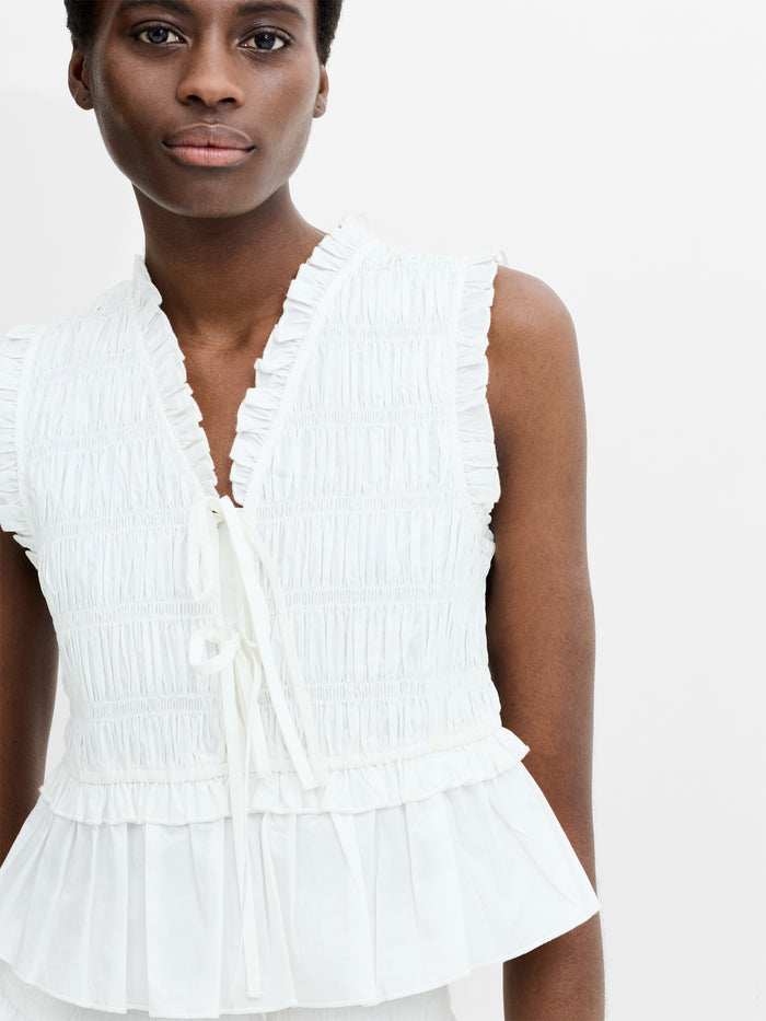 Rhodes Poplin Sleeveless Smocked White Peplum Top