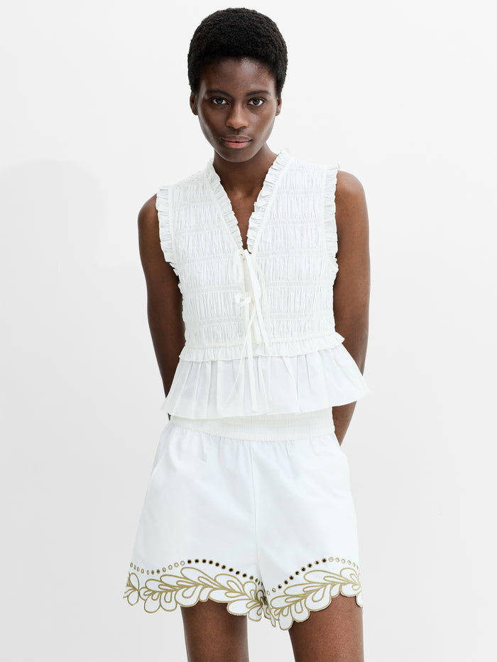 Rhodes Poplin Sleeveless Smocked White Peplum Top