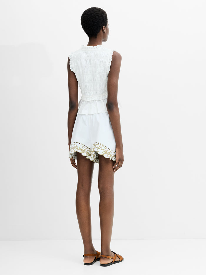 Rhodes Poplin Sleeveless Smocked White Peplum Top