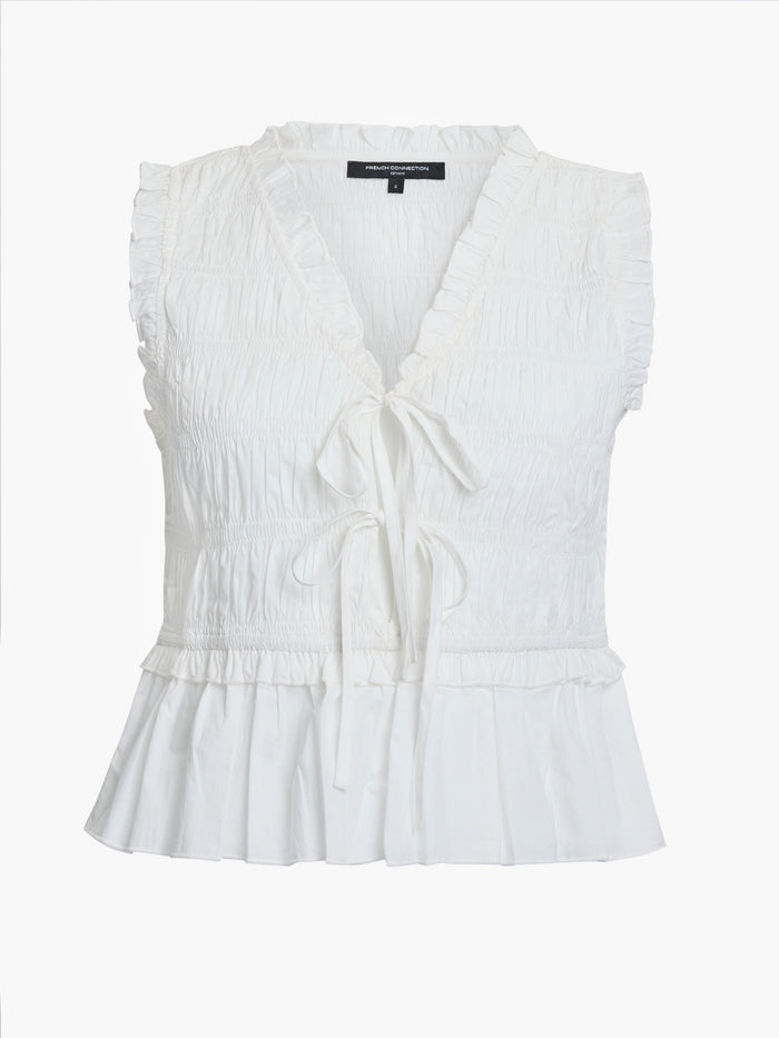 Rhodes Poplin Sleeveless Smocked White Peplum Top