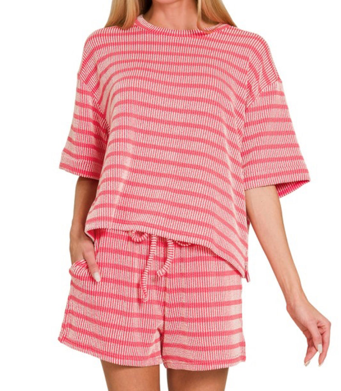 Ribbed striped red tee and short set
