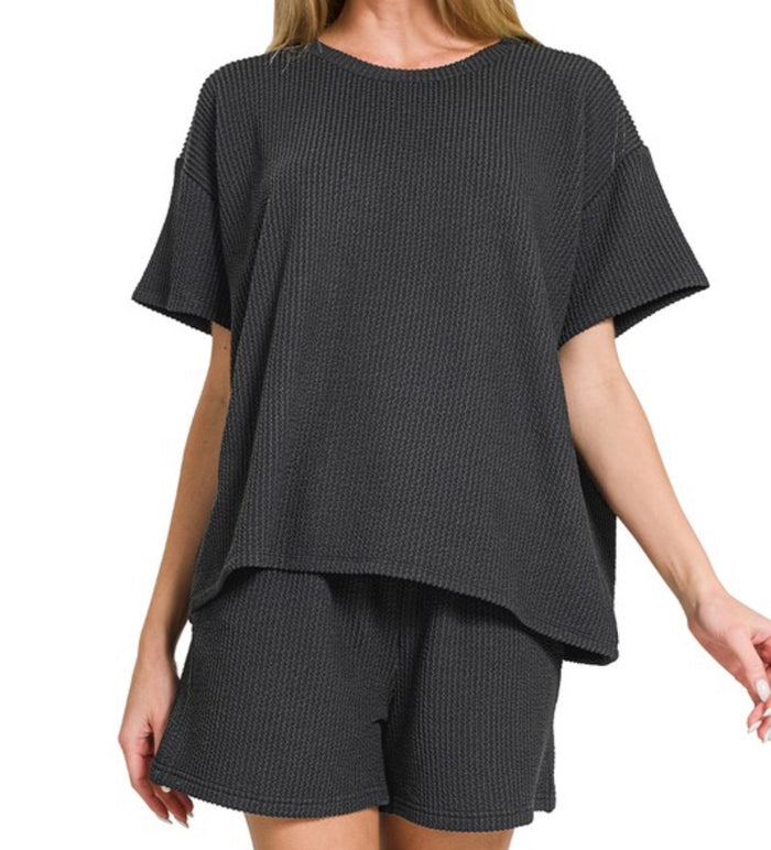 Ribbed tee and short set black