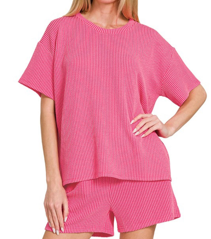 Ribbed tee and short set pink