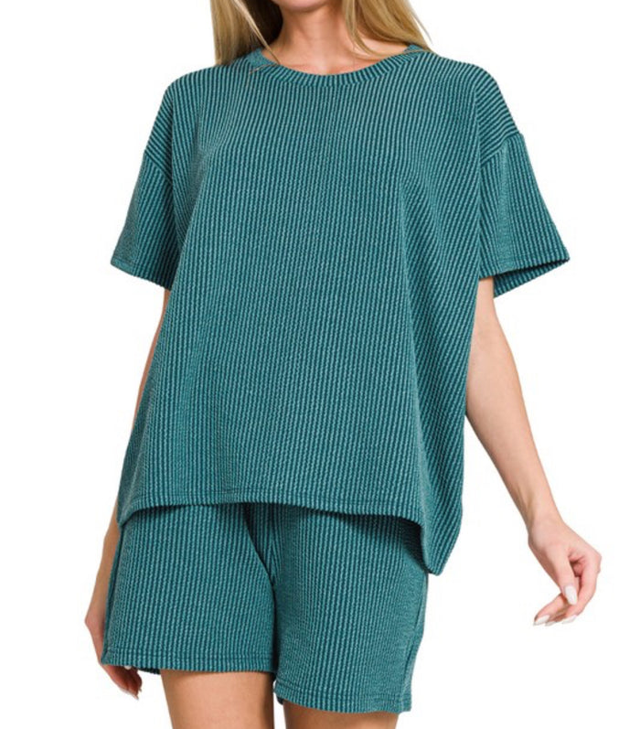 Ribbed tee and short set teal