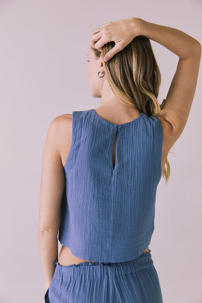 Back view of the Riley Tank in Future Grey highlighting the keyhole closure and clean cropped shape
