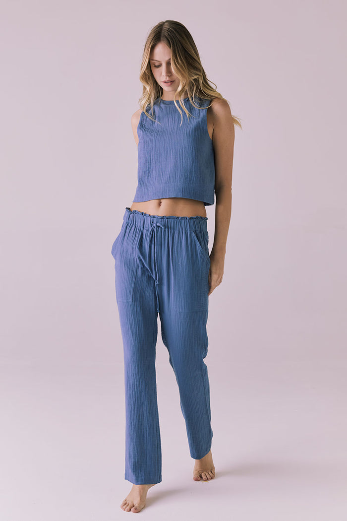 Studio full body view of the Riley Tank in Future Grey shown with the matching Bellow Joggers