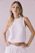Riley White Tank front studio view highlighting the textured cotton and clean crew neckline