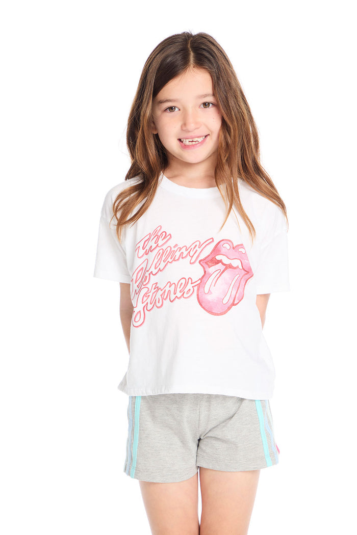 Girl wearing the Chaser Kids Rolling Stones Painterly Tongue Logo Tee featuring the iconic red tongue logo and painterly script on a white short sleeve tee
