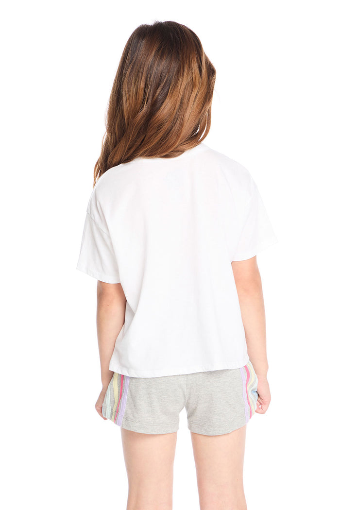 Back view of the Chaser Kids Rolling Stones Painterly Tongue Logo Tee highlighting the clean white back and soft cotton drape