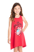 Girl wearing the Chaser Kids Rolling Stones U.S. Tour ’78 Tank Dress featuring a bold red hue with the classic tongue logo and U.S. Tour ’78 graphic across the front