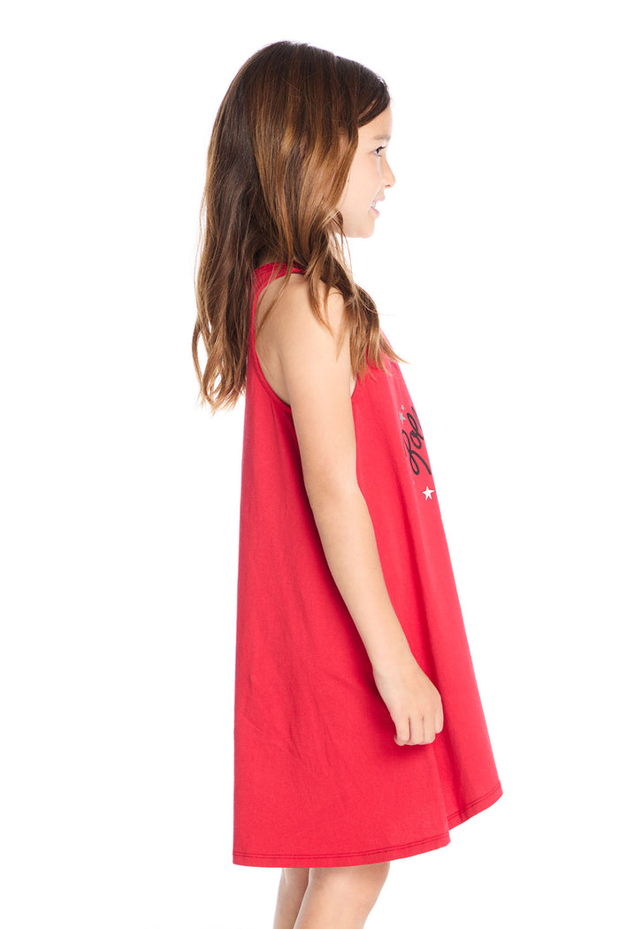 Side view of the Chaser Kids Rolling Stones U.S. Tour ’78 Tank Dress showing the relaxed swing silhouette and sleeveless racerback cut