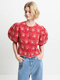 Rory Cotton Floral Embroidered Puff Sleeve Red Top