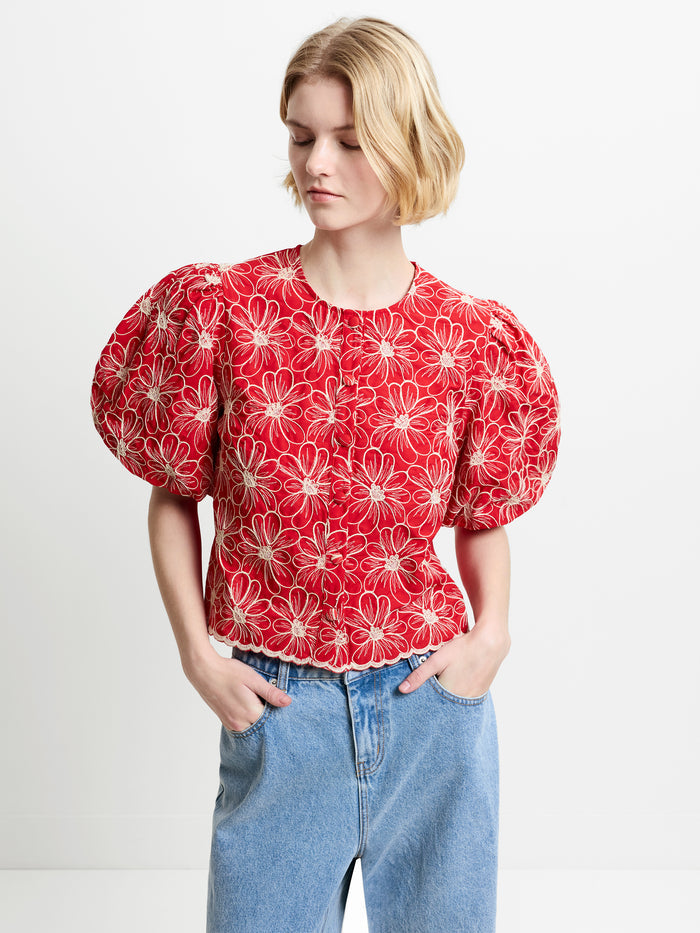 Rory Cotton Floral Embroidered Puff Sleeve Red Top
