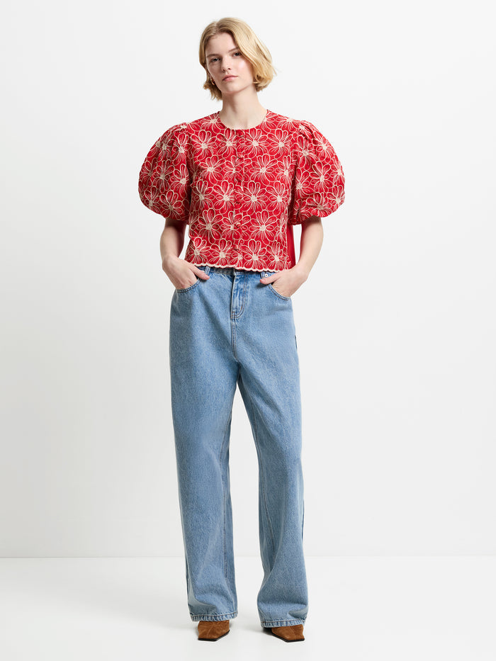 Rory Cotton Floral Embroidered Puff Sleeve Red Top