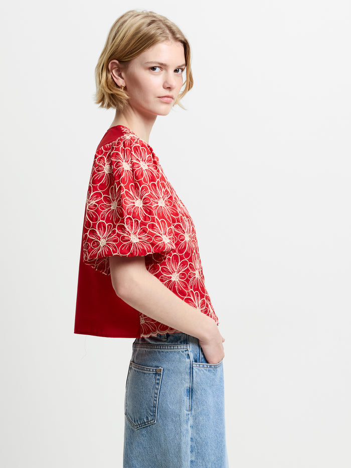 Rory Cotton Floral Embroidered Puff Sleeve Red Top