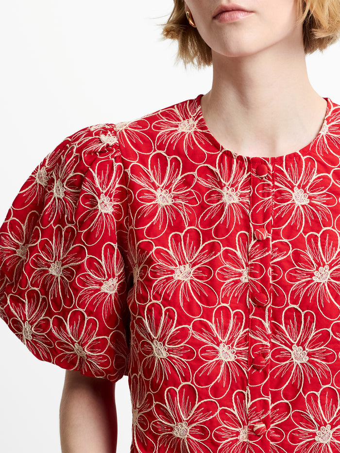 Rory Cotton Floral Embroidered Puff Sleeve Red Top