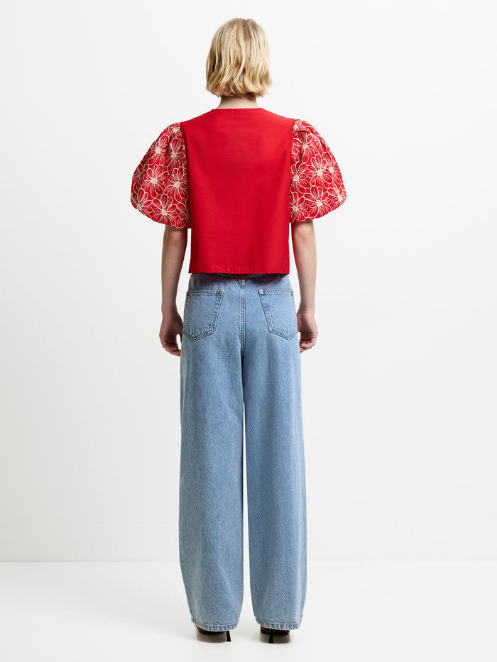 Rory Cotton Floral Embroidered Puff Sleeve Red Top