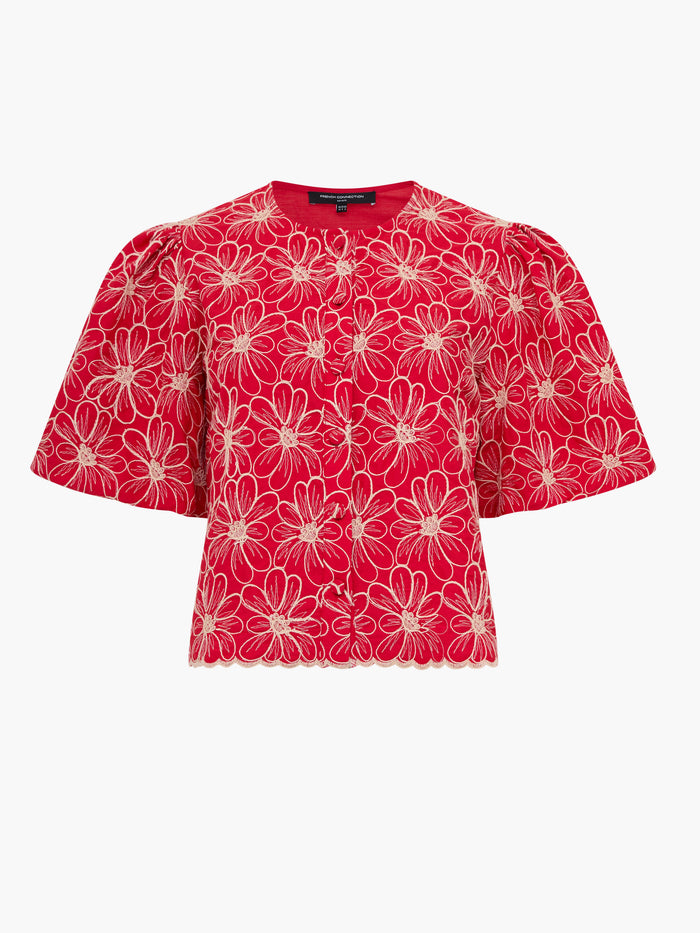 Rory Cotton Floral Embroidered Puff Sleeve Red Top