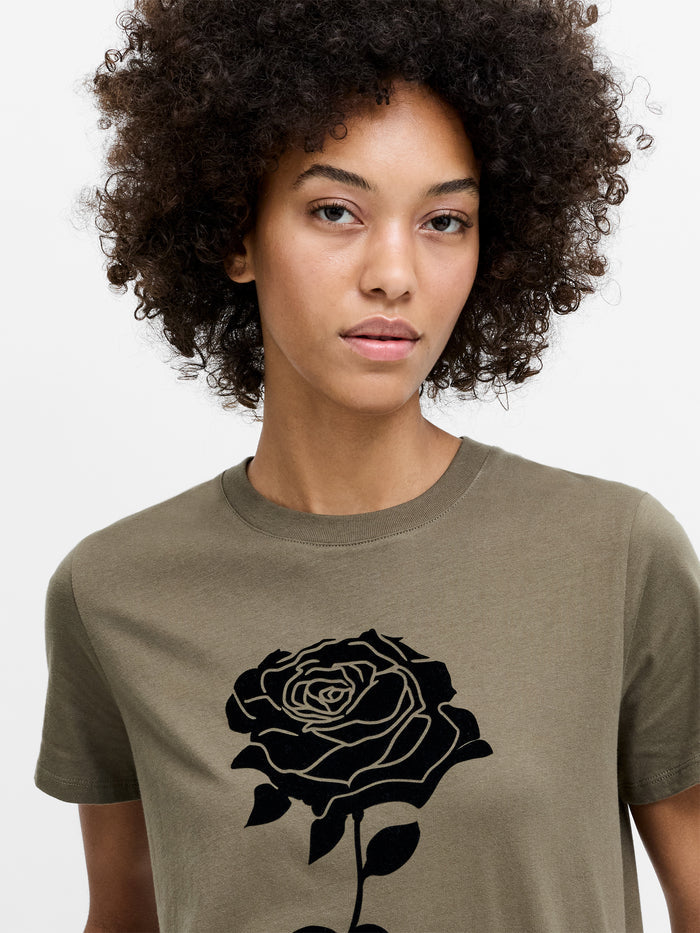 Rose Khaki Green Flocked T-Shirt