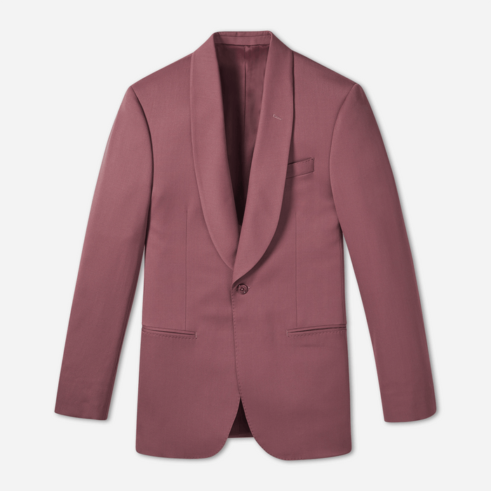 Dusty rose shawl collar tuxedo jacket laid flat, satin lapel and covered button, on light grey background