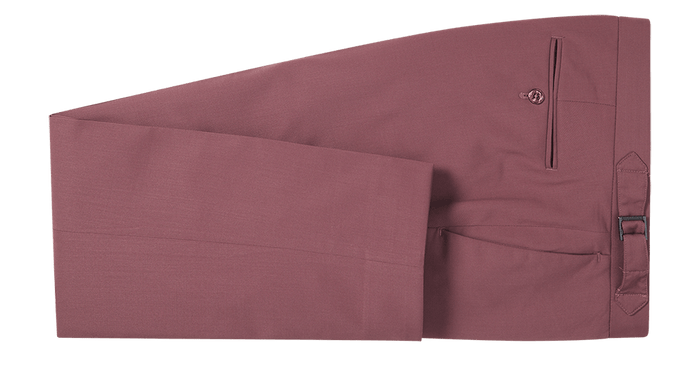 Dusty rose tuxedo trousers folded flat, side view, on light grey background