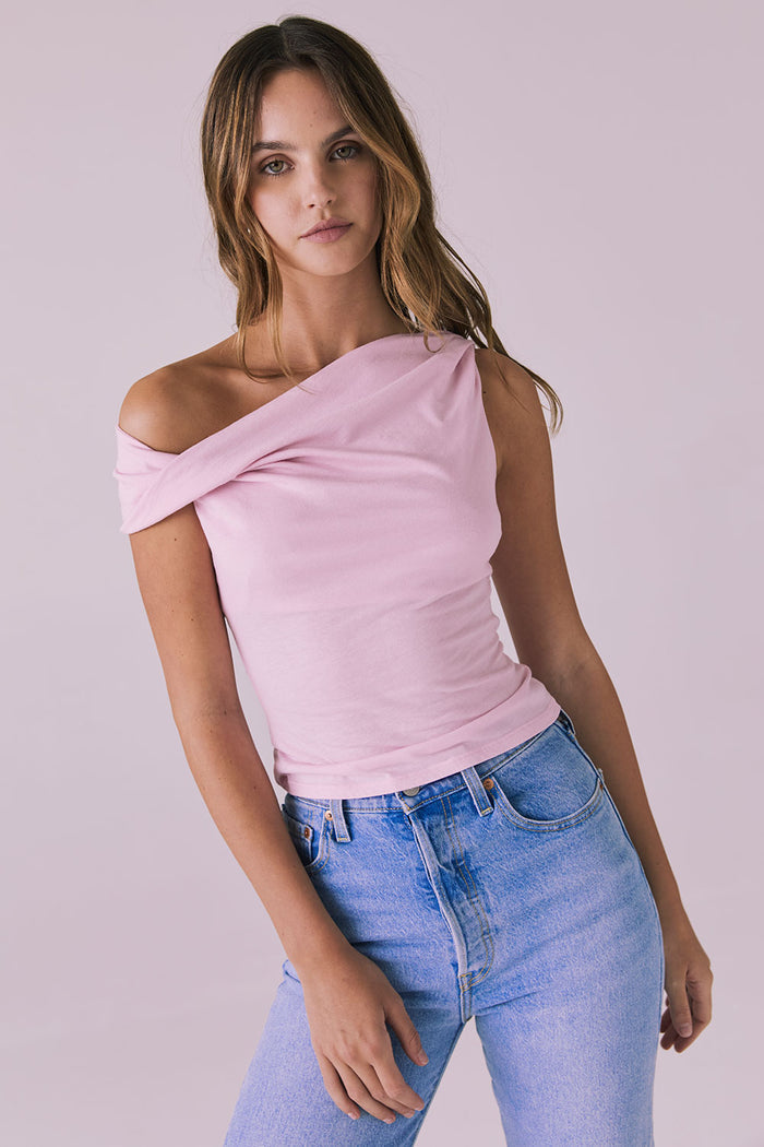 Chaser Roxanne Nose Pink Tank angled front view emphasizing the off shoulder neckline and close fit through the torso