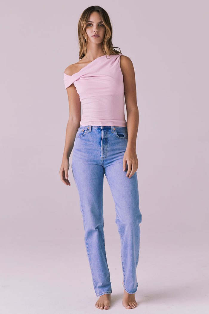 Chaser Roxanne Nose Pink Tank full body view styled with light wash denim for an easy everyday look