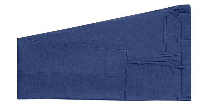 Royal blue suit trousers folded flat, cuffed leg over waistband
