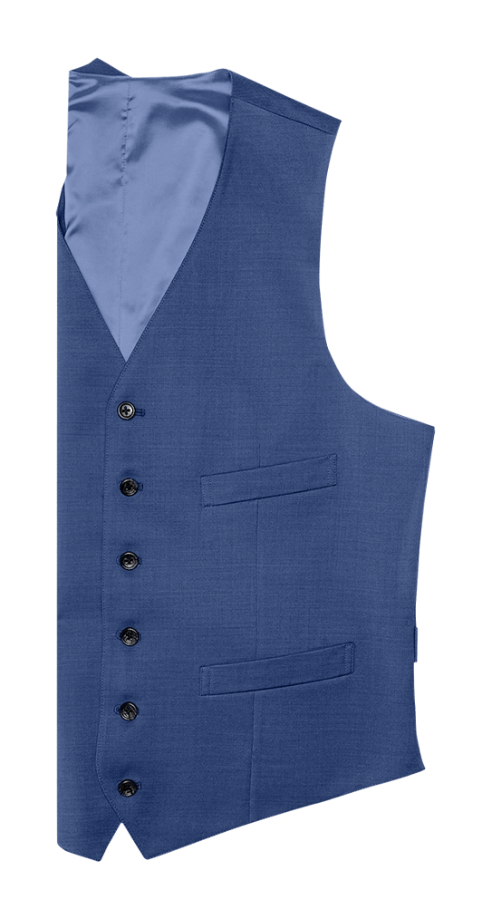 Royal blue suit vest laid flat at an angle, front buttons and satin lining visible