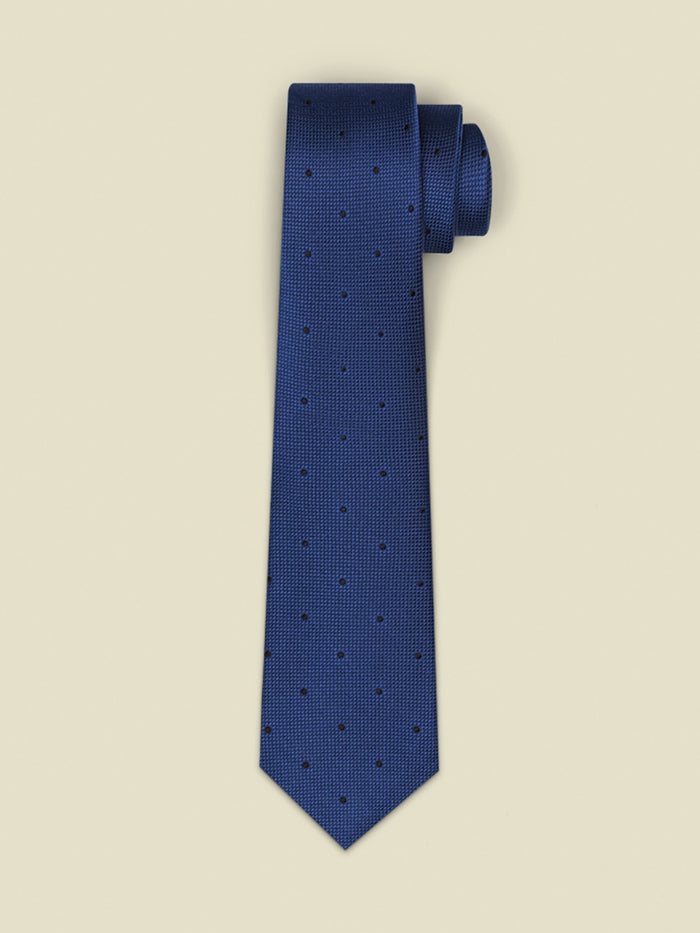 Royal blue necktie with black dot pattern rolled into a coil on cream background