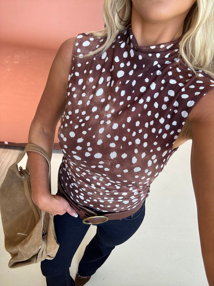 Ruched Mesh Top- Fawn